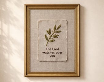 Christian Nursery Embroidery Print - The Lord Watches Over You, Linen Wall Art