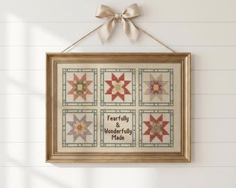 Fearfully and Wonderfully Made Cross Stitch Nursery Folk Wall Art, Christian Printable Embroidered Decor
