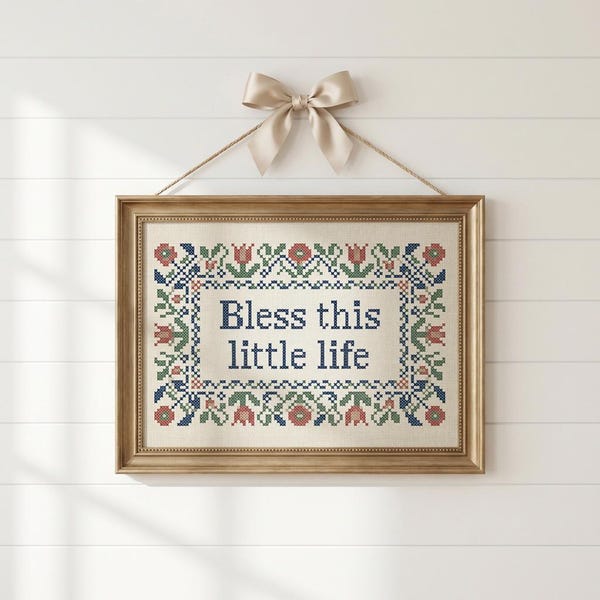 Bless This Little Life - Scripture Printable Scandinavian Folk Embroidered Style Nursery Cross Stitch Art