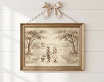 Vintage Nursery Wall Line Art, Siblings Walking Hand in Hand Pencil Illustration Digital Download