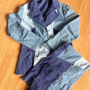 Vintage Colorblock Denim Pantsuit Set, 80s 90s Patchwork Jacket and Wide Leg Pants, Made in USA Retro Two Piece Outfit