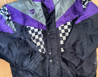Vintage 90s Colorblock Ski Jacket Cold Wave Mens Large Purple Black Checkered Retro Winter Coat Y2K Streetwear