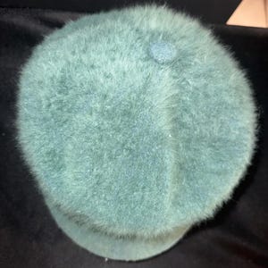 May include: A teal-colored, fuzzy beret-style hat with a small, matching button on top. The hat has a rounded crown and a short, structured brim. The material appears soft and plush.