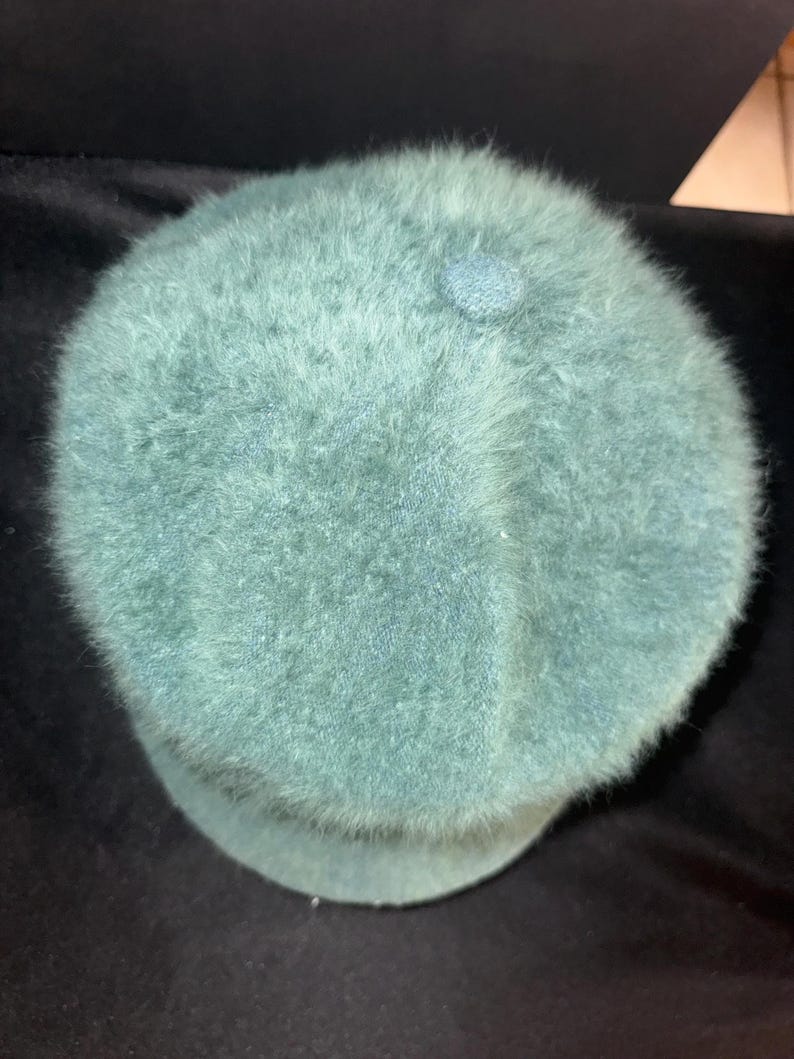 May include: A teal-colored, fuzzy beret-style hat with a small, matching button on top. The hat has a rounded crown and a short, structured brim. The material appears soft and plush.