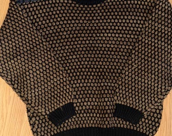 Vintage Street Scenes Textured Knit Sweater – Men’s Large – Leather Shoulder Patches – 80s/90s