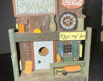 Primitive General Store Birdhouse | Handmade Rustic Folk Art Country Farmhouse Decor | Coca Cola Americana Wooden Bird House
