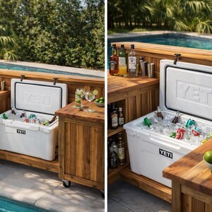 May include: A white YETI cooler with an open lid, filled with ice and various beverage bottles, integrated into a wooden outdoor bar unit. The cooler features the YETI logo on the front and lid, positioned next to a swimming pool with palm trees.