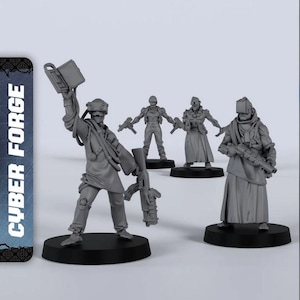 May include: A group of gray Cyber Forge miniatures, each standing on a black base. One figure holds a book aloft, while others wield futuristic weapons. The text "CYBER FORGE" is visible on a blue and white background.