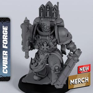 May include: A gray miniature figure of a warrior in detailed armor, holding a hammer and a saw-like weapon. The figure has a cross emblem and a skull on the knee. The base is black, and the figure has a backpack with three small statues. The text "CYBER FORGE" and "NEW MERCH" are visible.