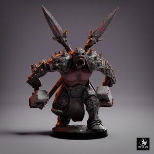 May include: A detailed figurine of a fantasy warrior with spiked armor, wielding two large hammers and two crossed blades. The figure has a menacing expression and is posed on a black base. The color palette includes shades of gray, red, and flesh tones.
