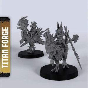 May include: Two grey miniature figurines of warriors riding dinosaur-like creatures. The figurines are on black circular bases. The text "TITAN FORGE" is printed vertically on a gold and brown background.