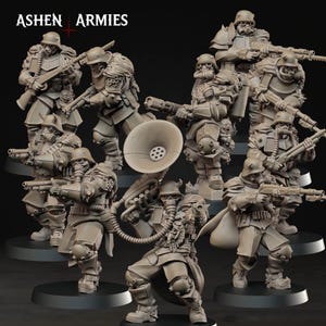Puede incluir: Colección de figuras en miniatura grises de soldados con máscaras de gas y uniformes militares. Las figuras sostienen rifles y otras armas. El texto "ASHEN ARMIES" se muestra en la parte superior de la imagen.