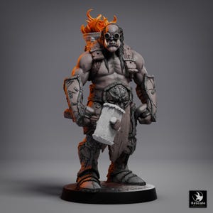 May include: A detailed figurine of a muscular orc warrior, with a torch on his back and goggles. The orc is gray with long hair, wearing armor and holding a scroll. The base is black.