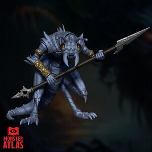 May include: A detailed, blue-grey fantasy creature with a spear. The insectoid figure has large eyes, sharp teeth, and golden armbands. The spear is held in both hands and has a decorative tip. The Monster Atlas logo is in the bottom left corner.