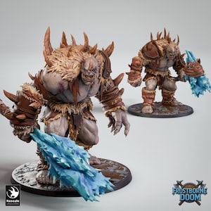 May include: Two detailed fantasy miniatures of a large, muscular humanoid creature with a fierce expression. The figures are adorned with fur, leather armour, and large horns. One figure wields a large, blue, icy weapon. The figures are on circular bases.