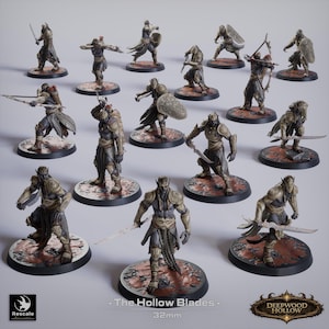May include: A set of miniature warrior figurines in various action poses. The figures are painted in grey and gold, set on circular bases with a reddish-brown, textured surface. The text "The Hollow Blades" and "32mm" are visible.