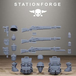 May include: A collection of gray miniature resin components including three rifles, two backpacks, two helmets, one mask, two boots, and various tactical accessories. The text STATIONFORGE and a skull logo are visible at the top of the image.