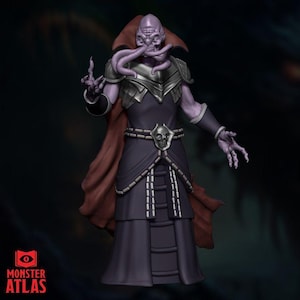 May include: A detailed figurine of a humanoid creature with a large head, tentacles, and a dark purple robe. The figure has a skull-shaped belt buckle and a red cape. The Monster Atlas logo is in the lower left corner.