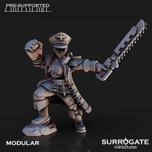 May include: A grey miniature figure of a military officer in a dynamic pose, wielding a large saw-like weapon. The figure is in a detailed uniform with a peaked cap and ornate details. The words "PRE-SUPPORTED" and "MODULAR" are visible.