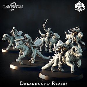 May include: A set of Dreadhound Riders miniatures. Each rider is mounted on a horned beast, with swords and other weapons. The figures are in a neutral colour, set on black bases, and are suitable for tabletop gaming.