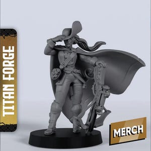 May include: A gray miniature figure of a person in a hat and cape, saluting. The figure is holding a weapon and standing on a black base. The text "Titan Forge" is on the left side of the image, and "MERCH" is on the right.