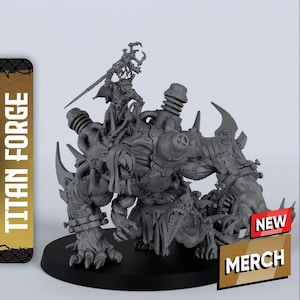 May include: A grey miniature figure of a monstrous creature with mechanical details, horns, and a smaller figure riding on top. The base is black, and the figure is labelled "NEW MERCH" and "TITAN FORGE".