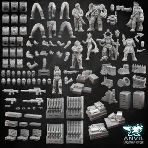 Op de afbeelding: Een verzameling onbeschilderde miniatuurfiguren en terreinstukken, waaronder soldaten, pantser, wapens en diverse accessoires. De figuren zijn in verschillende poses en stijlen, geschikt voor tabletop gaming of modelbouw.