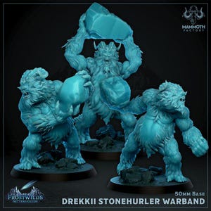 May include: Three light blue Drekki Stonehurler Warband miniatures. The figures are in dynamic poses, with one holding a large rock overhead. The base of each figure is 50mm. The Frostwilds Setting Guide and Mammoth Factory logos are visible.
