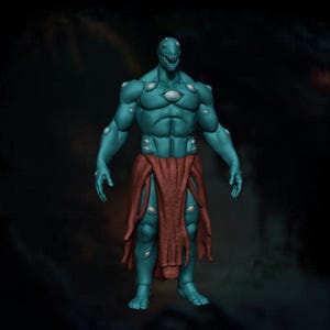 Könnte beinhalten: Eine türkisfarbene, muskulöse humanoide Figur mit einem reptilienartigen Kopf und einem roten Tuch um die Taille. Die Figur hat mehrere weiße, kreisförmige Akzente auf ihrem Körper und ist mit ausgestreckten Armen posiert.