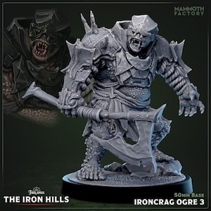 以下が含まれることがあります： The Iron Hillsのファンタジーな生き物、Ironcrag Ogre 3の、詳細なグレーのミニチュアフィギュア。 オウガはダイナミックなポーズで、大きな斧を振りかざしています。 フィギュアは50mmベースで、Mammoth Factoryのロゴが見えます。