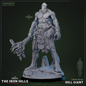 以下が含まれることがあります： The Iron Hillsのグレーのヒルジャイアントのフィギュア。75mmのベースに立っています。フィギュアの高さは135mmで、棍棒を持っています。Mammoth Factoryのロゴが上部に表示されています。