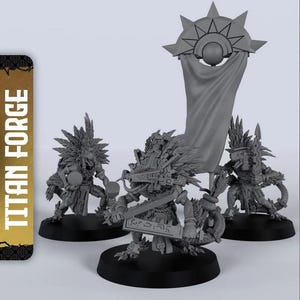 May include: Three gray miniature figures of Aztec warriors with elaborate headdresses and weaponry, standing on black bases. One figure holds a banner with a sun-like design. The text "TITAN FORGE" is visible on the left.