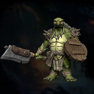 May include: A green fantasy figure with a turtle-like head, wearing armor and holding a large cleaver and a wooden shield. The figure has spiky shoulder pads and a necklace. The overall design suggests a character from a fantasy game or tabletop setting.
