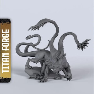 May include: A gray fantasy creature figurine with multiple serpentine appendages and a snarling expression. The figurine is on a small rock base. The text "TITAN FORGE" is on the left side of the image.