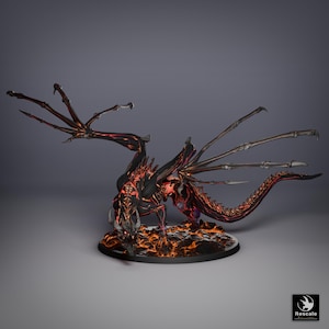 May include: A detailed figurine of a dragon with black and red coloring. The dragon has large wings and is posed on a base that resembles lava. The dragon's body is intricately detailed, with sharp claws and a menacing expression.