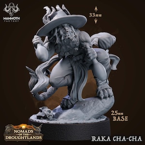 May include: A gray figurine of a fantasy character, Raka Cha-Cha, from the Nomads of the Droughtlands collection. The figure is holding two bottles and has a hat. The base is 25mm, and the figure is 33mm tall. The Mammoth Factory logo is visible.