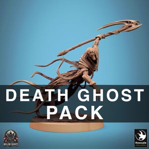 May include: A detailed brown Death Ghost figure with a scythe, part of the Death Ghost Pack. The figure is on a round base, with the text "DEATH GHOST PACK" in white. The figure has a flowing, spectral appearance.