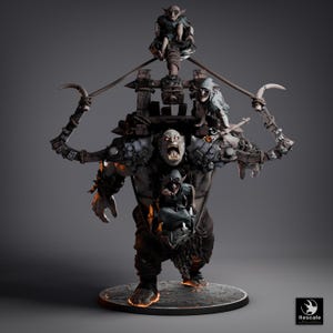 May include: A detailed fantasy figurine of a large, gray-skinned creature with an open mouth, carrying smaller figures. The sculpture features intricate details, including armor, weapons, and a wooden structure on the creature's back. The base has a circular design with orange glowing effects.