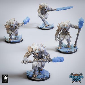 May include: Four miniature fantasy figures of a Frostborne Doom creature. The figures are gray and white with blue ice-like weapons and bases. The figures are in various action poses. The Frostborne Doom logo is in the bottom right corner.