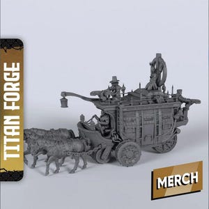 May include: A detailed gray miniature stagecoach pulled by four horses. The stagecoach has intricate details, including figures on top and a driver in the front. The text "TITAN FORGE" is on the left, and "MERCH" is on the bottom right.