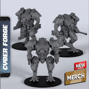 May include: Three gray mech figures on black circular bases. The figures are detailed with mechanical components and weaponry. The text "CYBER FORGE" is on the left, and "NEW MERCH" is on the right.
