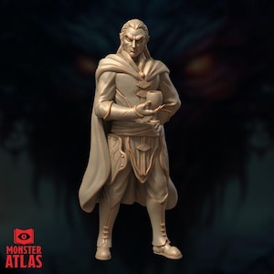 May include: A detailed figurine of a male elf character, holding a goblet. The figure is dressed in a long coat and cape, with intricate gold-colored accents. The Monster Atlas logo is visible in the lower left corner.