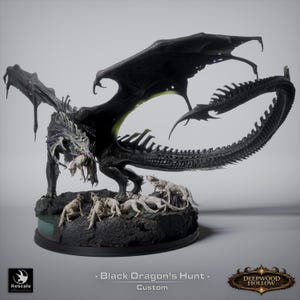 May include: A detailed black dragon figurine with large wings and a long tail, posed over a base with several wolf figurines. The dragon's wings have a green accent. The base has the text "Black Dragon's Hunt - Custom".