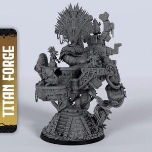 May include: A gray, detailed miniature sculpture featuring a serpent, figures, and architectural elements. The sculpture has a complex design with intricate details, suggesting a fantasy or historical theme. The base is round and the sculpture is labeled "TITAN FORGE".