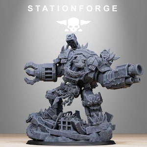 May include: A grey resin miniature of a heavily armored orc warrior in a mechanical suit, featuring a clawed hand, a double-barreled cannon, and a shoulder-mounted missile launcher. The figure stands on a debris-filled base with the text STATIONFORGE.