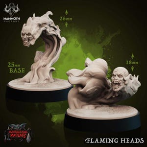 May include: Two Flaming Heads miniatures, each with a detailed, screaming face emerging from a cloud-like form. One is 26mm tall, the other 18mm. Both are mounted on a 25mm base. The Mammoth Factory logo is visible.