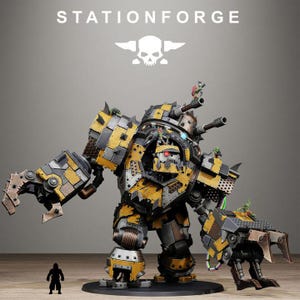 May include: A large model war machine in yellow, grey, and black, with multiple cannons and a claw-like hand. The model has a cockpit with a red-eyed skull. The text "STATIONFORGE" and a skull logo are at the top. A small figure is at the base.