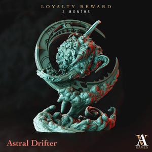 May include: A teal Astral Drifter sculpture featuring a crescent moon and a cluster of faces. The detailed sculpture has a textured appearance against a dark backdrop. The text "LOYALTY REWARD 3 MONTHS" is at the top. The words "Astral Drifter" are at the bottom.
