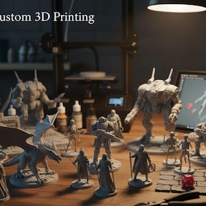 May include: A selection of grey 3D-printed figurines, including a dragon, robots, and soldiers, are displayed on a wooden surface. The text "Custom 3D Printing" is visible at the top. Paint bottles and dice are also present.
