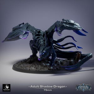 May include: A detailed miniature of an Adult Shadow Dragon, 75mm in size, with a dark color scheme. The dragon has large, textured wings and glowing blue eyes. The base is a dark, rocky terrain. The text "Adult Shadow Dragon" and "Silver Crusade" are visible.